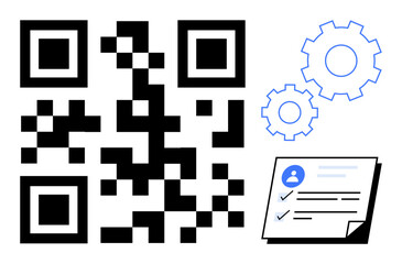 QR code alongside a user checklist and gear icons. Ideal for technology, scanning, automation, identity, data management, process efficiency, and security themes. Simple flat metaphor