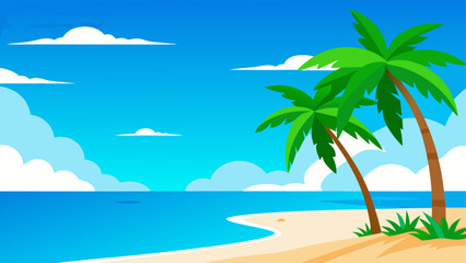 Cartoon beach scene with palm trees and cloudy sky on transparent background