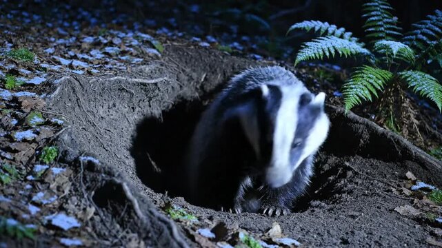 A striped badger emerges from a burrow in dim forest light, peering from earth and fern at dusk now