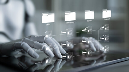 AI managing task workflow system, tracking document progress, analyzing productivity levels, and automating the status flow across structured project stages. Latch