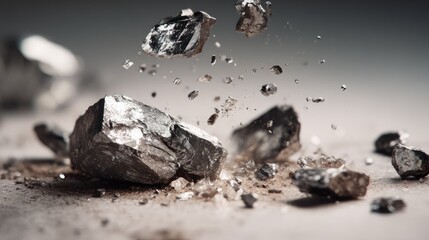 Fototapeta premium High-Resolution Close-Up of Silver and Gray Metallic Rocks with Dust and Debris Flying in an Artistic Explosion