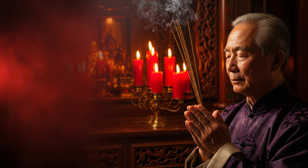 Elderly Asian man praying with burning incense sticks during Chinese New Year