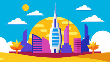 Obraz premium Illustration of dubai skyline with sun and clouds on transparent background