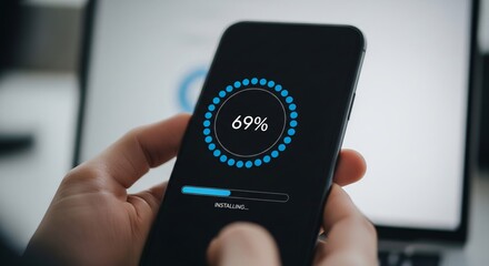 Smartphone installing update — circular progress ring at 69% with horizontal installing bar