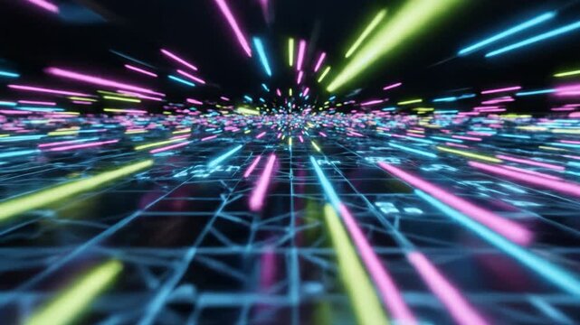 Digital futuristic map with glowing neon lines blue, pink, and yellow creating dynamic speed and technology effects combined with digital grid and colorful light streaks for advanced motion and depth