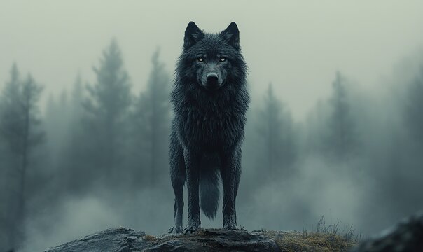 Black wolf standing majestically on a rocky outcrop in a misty wilderness