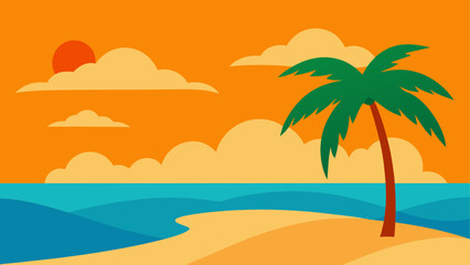 Illustration of a beach scene with palm tree and sun on transparent background