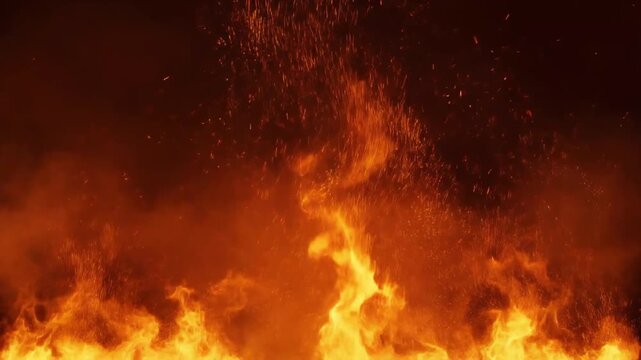 Fire flakes moving towards the maroon sky with the feeling of a huge fire happening. 4k, perfect loop. 