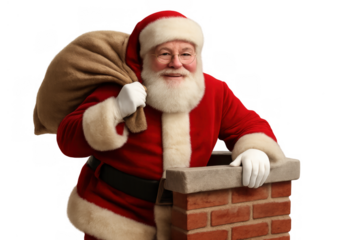 Santa claus delivering christmas presents, climbing down a chimney with a sack of gifts, holiday tradition