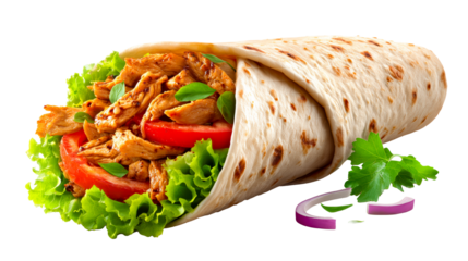 Delicious chicken wrap with fresh lettuce and tomato served with parsley and onion slices, perfect for food photography and healthy eating themes