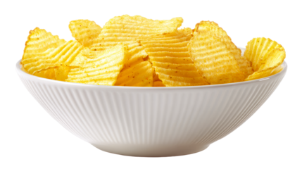 Crispy ridged potato chips piled high in a white ribbed bowl, perfect for snacking, parties, and food promotions, offering a delicious visual for culinary content.