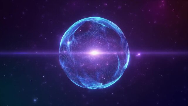 Neon glowing futuristic 3d sphere. Blue and purple particle energy orb. Abstract technology, science, big data, and artificial intelligence. AI virtual assistant. Glass liquid 3d sphere. 4k loop.