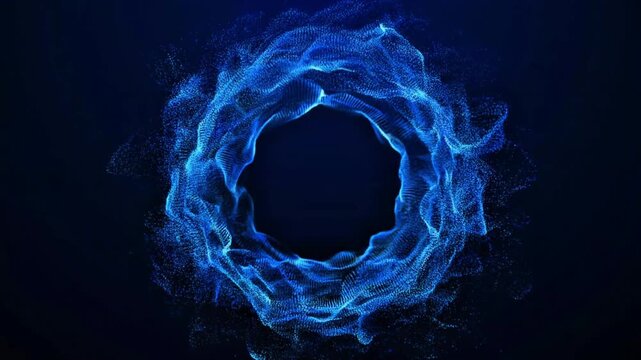 Bright glowing abstract energy motion. Blue energy blob of shiny cosmic particles. 3d orb energy flow. Energy waves forming a 3d sphere in space. Science, future technology, power generation. 4k.