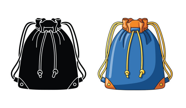 a detailed comparison showcasing a black and white line drawing of a drawstring bag alongside its colorized counterpart featuring blue and orange tones high quality