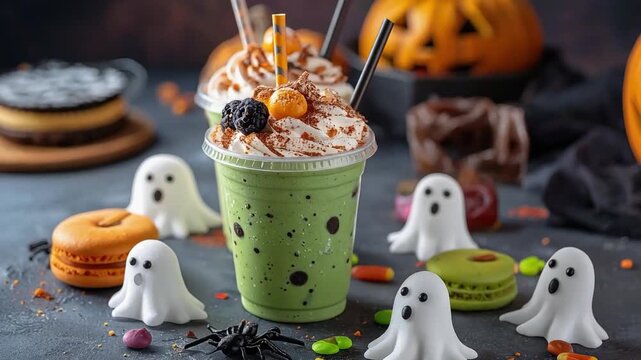 A festive Halloween-themed milkshake topped with whipped cream, sprinkles, and spooky decorations, surrounded by ghost candies and seasonal treats.