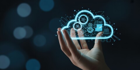 Cloud technology: A digital representation of a cloud being held in a human hand, highlighting the concept of cloud computing and data storage. 