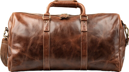 Vintage brown leather duffel bag with handles isolated on transparent background high resolution PNG cutout travel luggage accessory for branding design ecommerce product mockups
