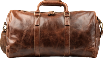 Vintage brown leather duffel bag with handles isolated on transparent background high resolution PNG cutout travel luggage accessory for branding design ecommerce product mockups
