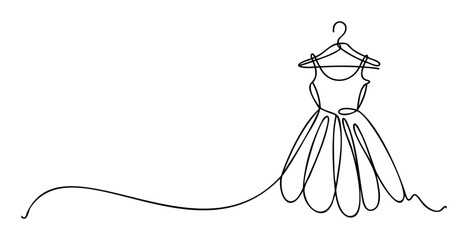 Elegant single line drawing of a party dress on a hanger with flowing fabric and long trailing hem, perfect for fashion and style promotions