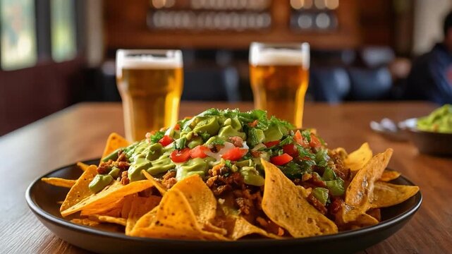 A hearty plate of loaded nachos topped with guacamole, tomatoes, and beef, served alongside chilled beers in a cozy pub setting.