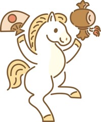 和風モダンな午年の馬　扇子　小槌　日本画　手描き　かわいい　イラスト素材