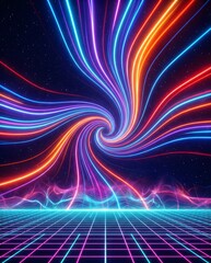 Vibrant abstract neon energy swirl with dynamic light trails emerging above futuristic grid surface in cosmic digital environment for modern design