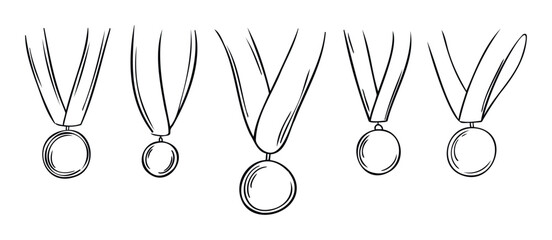 Set of five handdrawn medals with ribbons hanging, showcasing awards and achievements for sports and competitions, ideal for recognition and victory themes.