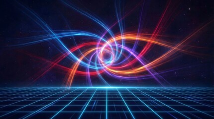 Vibrant abstract neon energy swirl with dynamic light trails emerging above futuristic grid surface in cosmic digital environment for modern design