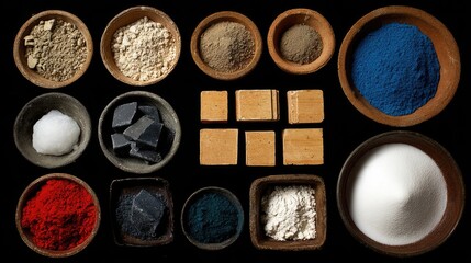 Colorful Assortment of Various Natural Powders and Ingredients in Earthy Bowls on Dark Background