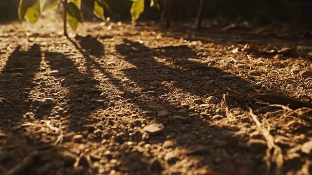 Sunlight casting long shadows of young saplings on dry earth and sparse leaves during golden hour in a tranquil natural landscape