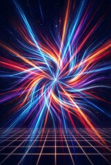 Vibrant abstract neon energy swirl with dynamic light trails emerging above futuristic grid surface in cosmic digital environment for modern design