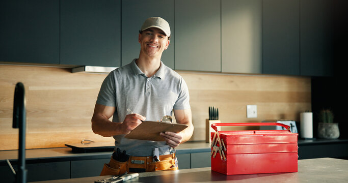 Portrait, man and plumber with clipboard at house for inspection, plumbing evaluation or report. Male person, toolbox and checklist for home maintenance, diagnostic notes and service costs of repairs