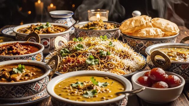 Variety of Indian dishes on a table with warm lighting and rich colors.