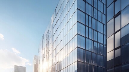 Fototapeta premium Modern Office Building With Glass Windows Reflecting the Blue Sky Towering Over the City Skyline With Sunlight Casting Sharp Shadows the Facades