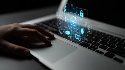 Concept of a smart home and the Internet of Things (IoT). A central system controls home automation features like security, lighting, and climate for modern, convenient living. Fermion