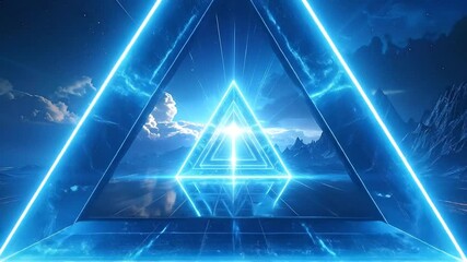 Abstract futuristic neon tunnel with triangles and mountains in a dark blue sky landscape - Powered by Adobe