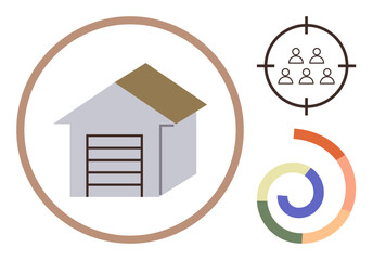 Simple house-shaped warehouse in a circle, people target icon, and circular analytics design. Ideal for logistics, business strategy, planning, distribution, storage, resource management simple flat