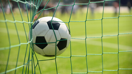 A classic black and white soccer ball is perfectly caught in the green net of a goal on a bright, sunny day during a game.