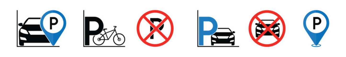 Car parking icon set, Car parking area and parking sign set. car, Bicycle parking symbol. No parking icon collection. vector illustration on transparent background.