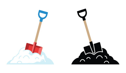 a side by side illustration depicts two shovels with piles of dirt one colored and one monochrome against a plain white background high quality professional © rsvect02