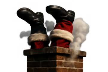 Santa claus feet sticking out of a brick chimney, smoke rising, symbolizing a funny christmas delivery challenge