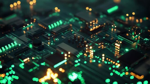 Electronic circuit board tracing glowing digital data processing
