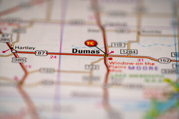 Dumas, Texas in the United States, highlighted on a world map.