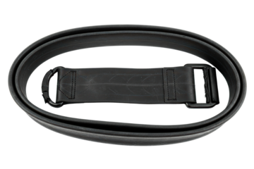 Upcycled black rubber tie-down strap made from a bicycle tube isolated on transparent background