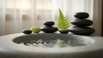 Zen spa stones stacked with a green fern leaf in a stone basin with water