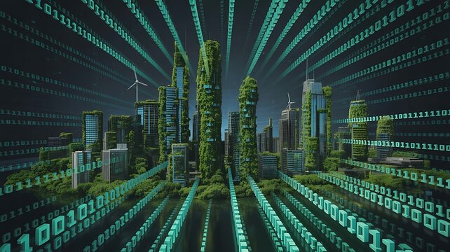 Futuristic city skyline illuminated by streams of digital binary code at night