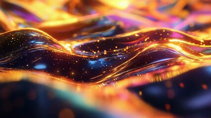 Abstract iridescent fluid surface flowing with glowing particles