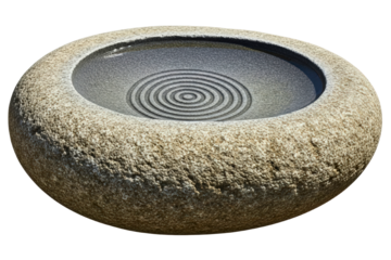 Rough granite zen garden water bowl with concentric circles isolated on transparent background