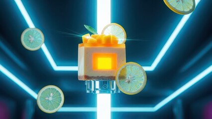 Floating mango cheesecake dessert with glowing center, surrounded by flying lemon slices against a futuristic neon blue background