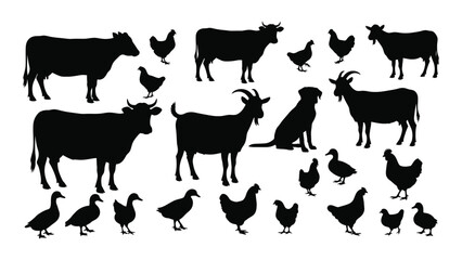 A collection of farm animals in black shapes cows goats chickens silhouette